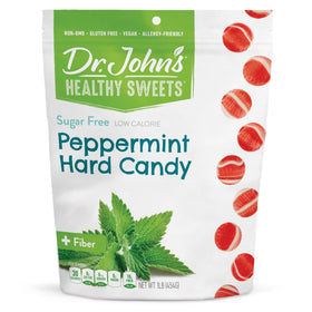 Dr. John's sugar-free peppermint candies in a glass jar; a keto-friendly treat.