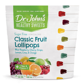 Dr. John’s sugar-free cherry fruit lollipop close-up, ideal for a tooth-friendly treat.