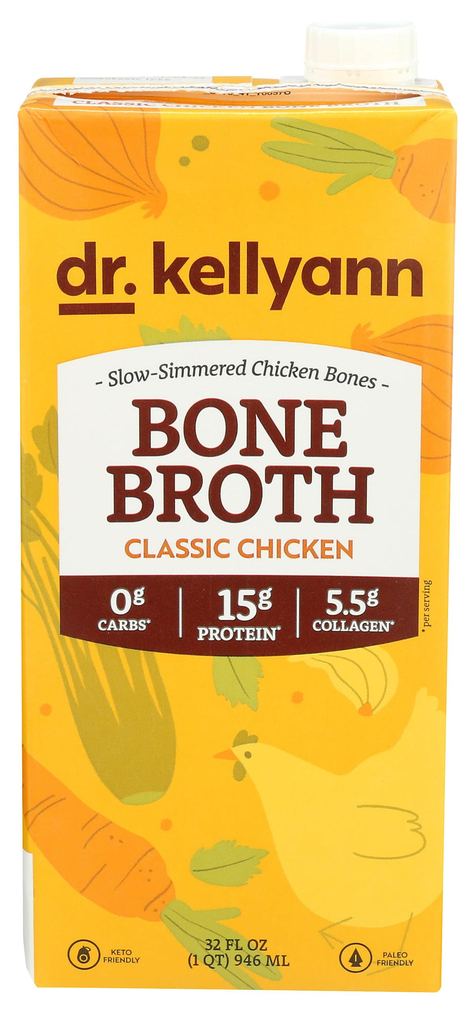 Dr. Kellyann Classic Beef Bone Broth bottle front, rich flavor for sipping
