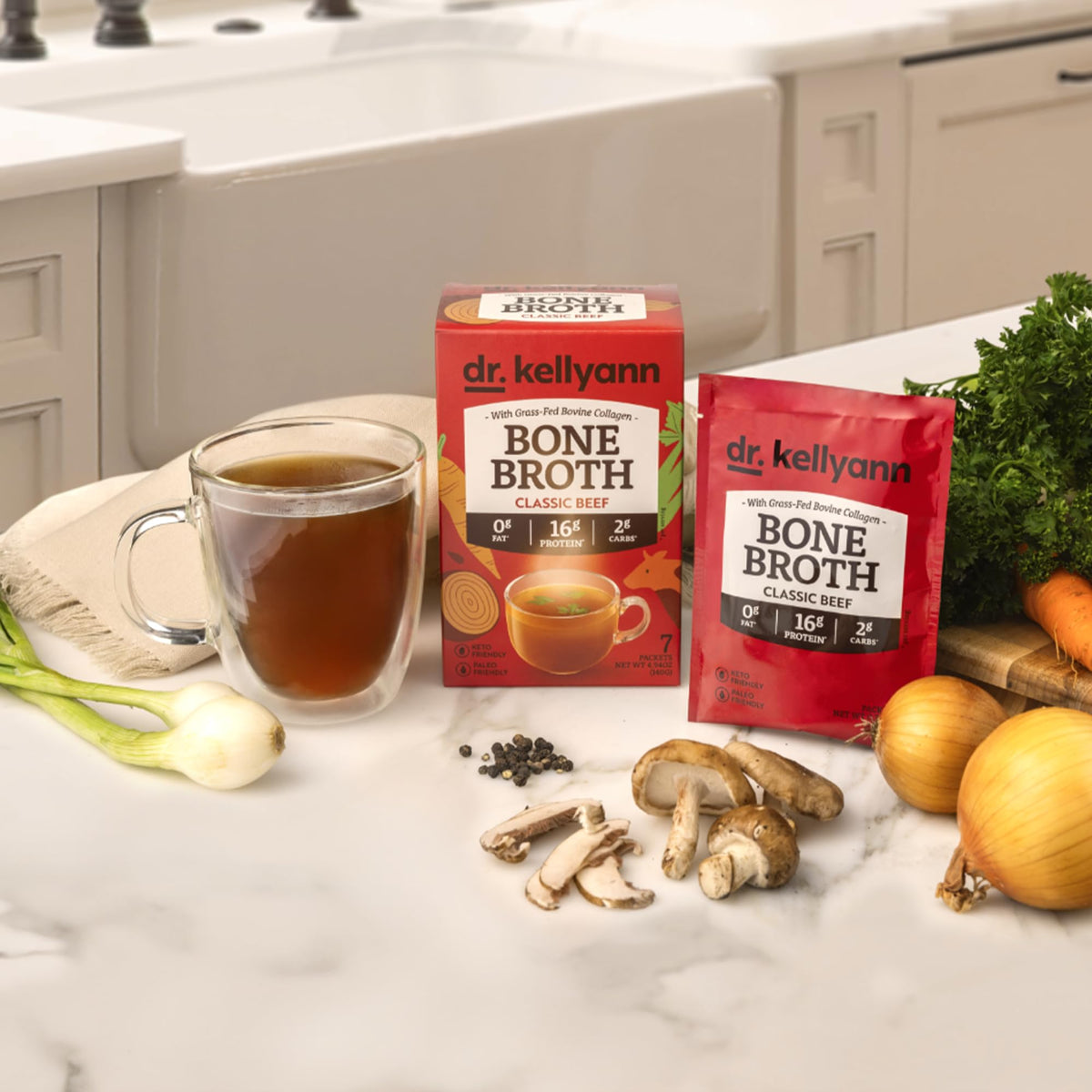 Dr. Kellyann classic bone broth packet closeup ingredients emphasize clean gluten-free protein