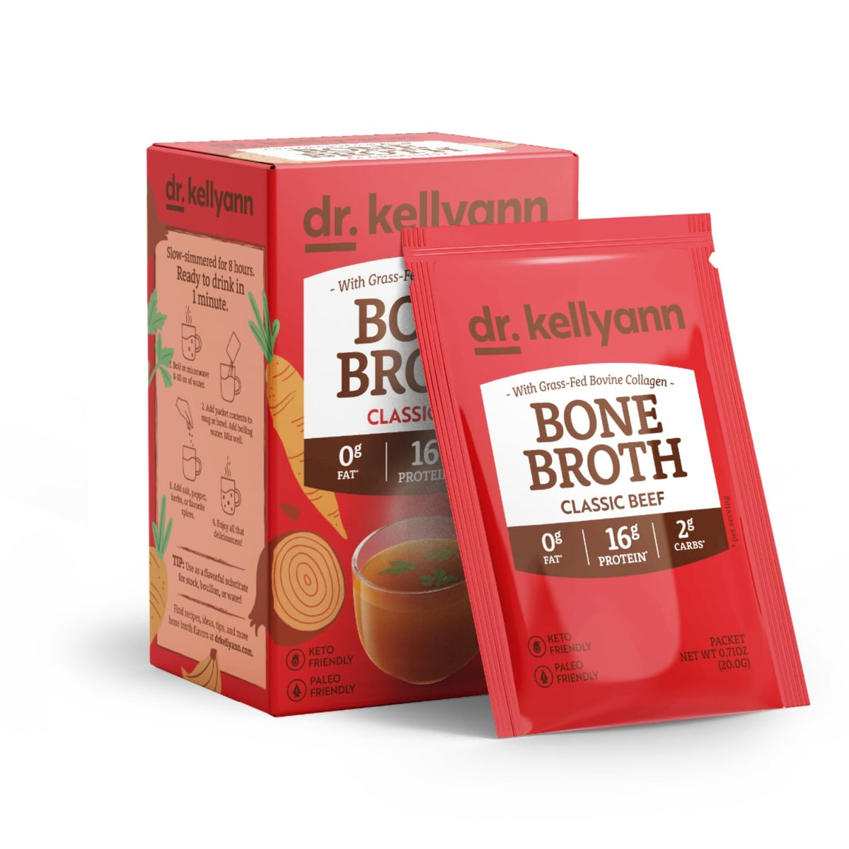Dr. Kellyann beef bone broth packet pour for on-the-go protein and warmth