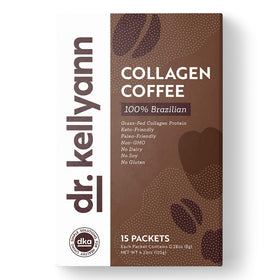 Dr. Kellyann Grass-Fed Collagen Instant Coffee packets ready to mix.