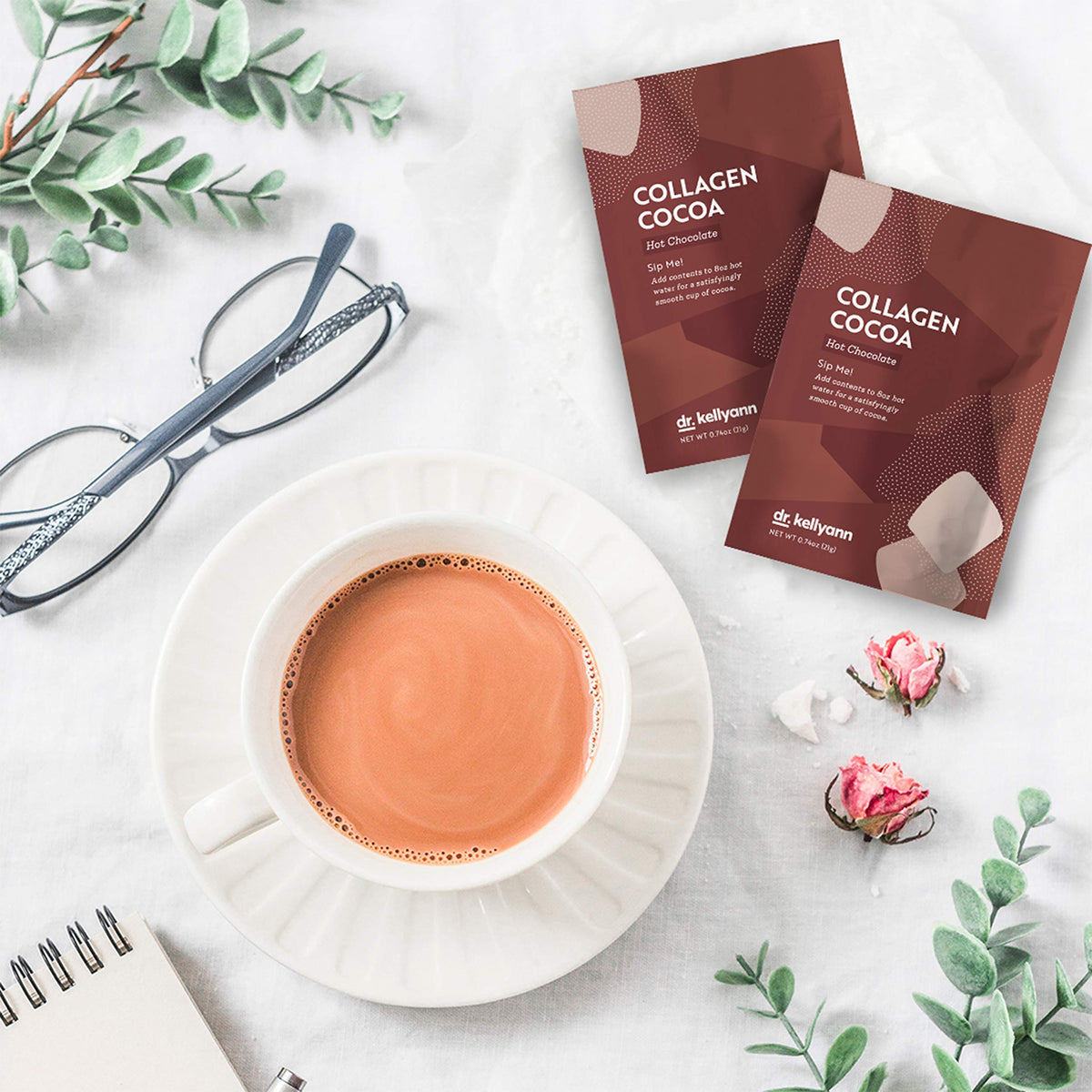 Dr. Kellyann mug pouring hot cocoa for a comforting, smooth drink experience