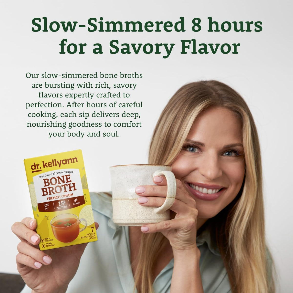 Stirring Dr. Kellyann packet in hot water for a quick sip