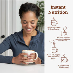 Dr. Kellyann ramen beef bone broth packets cup of prepared broth with rich aroma.