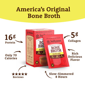 Dr. Kellyann ramen beef bone broth packets in a kitchen setup for easy meal supplementation.