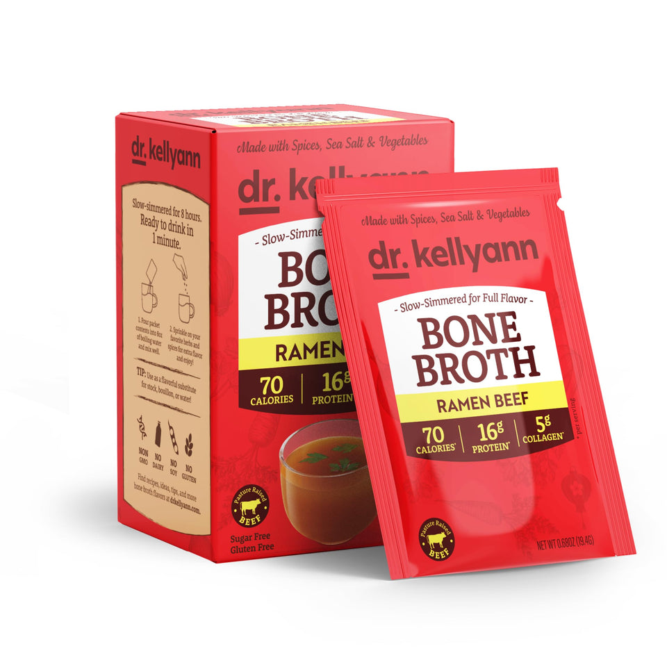 Dr. Kellyann ramen beef bone broth packets front view for a convenient 16g protein serving.