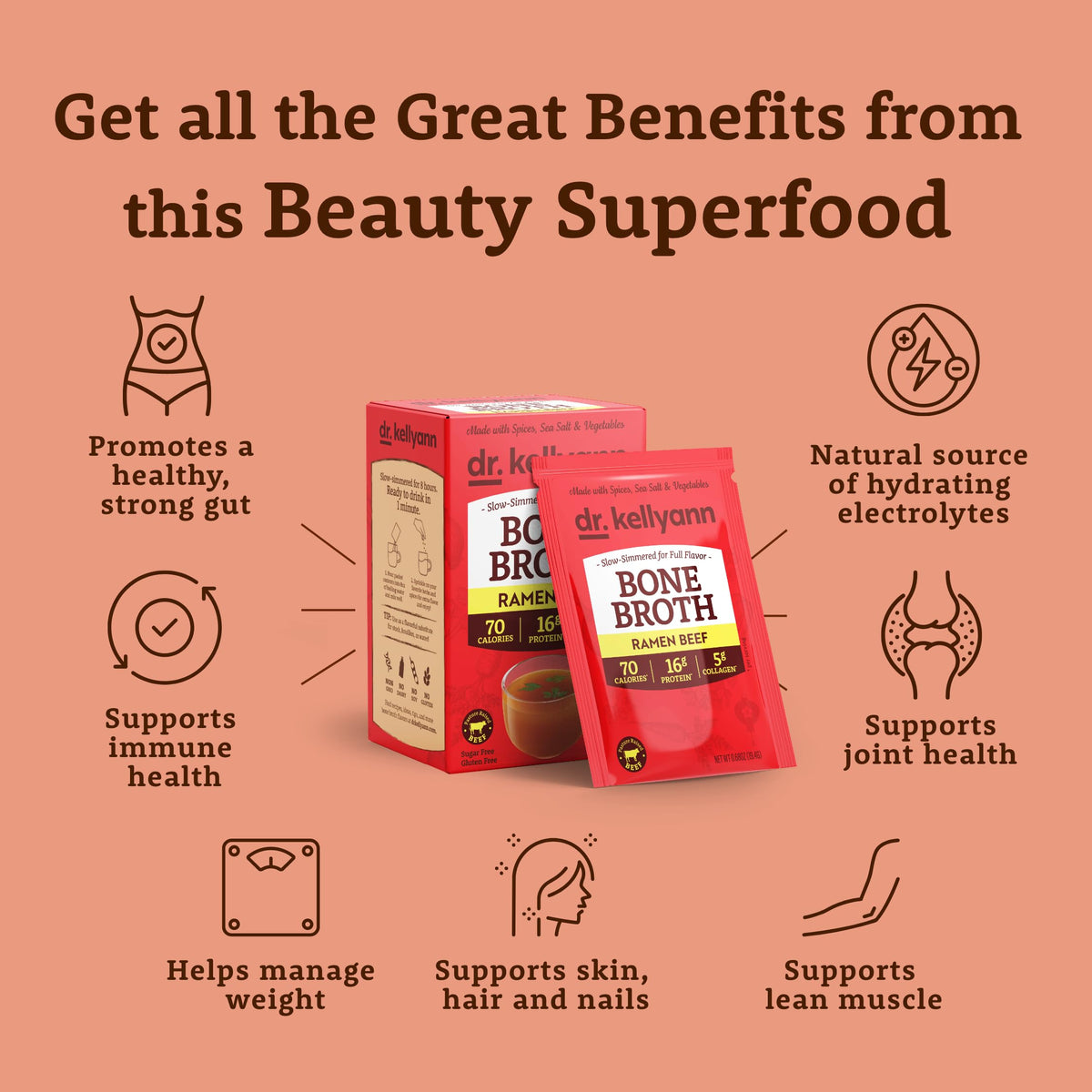 Dr. Kellyann ramen beef bone broth packets scoop displaying powder for quick, savory hot water.