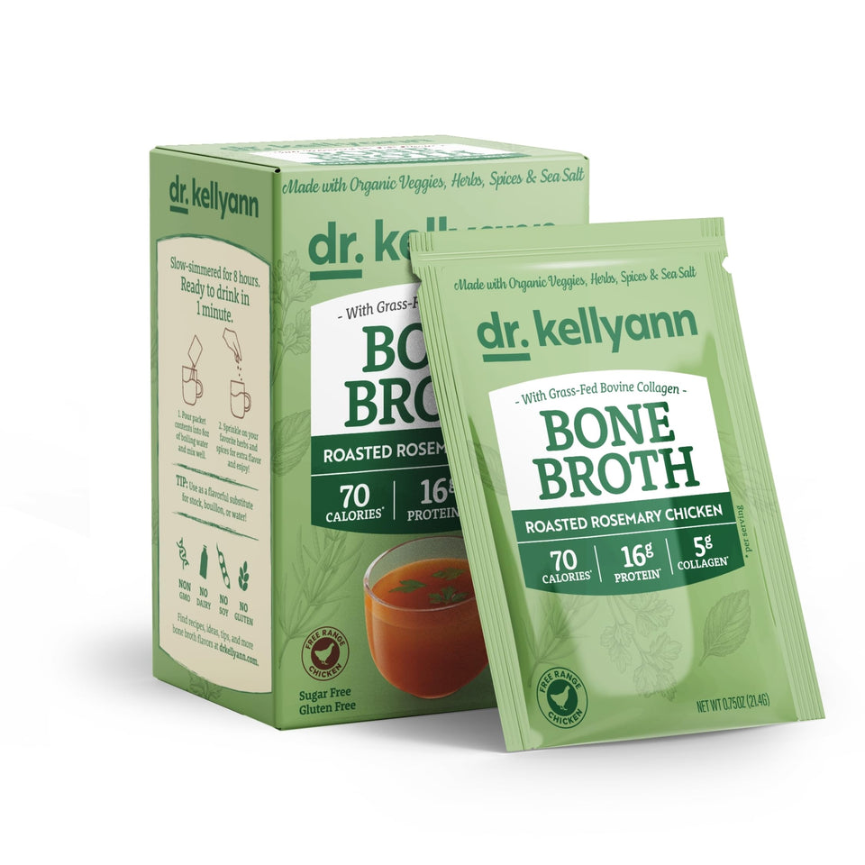 Dr. Kellyann roasted rosemary bone broth packets boxed for a convenient wellness routine