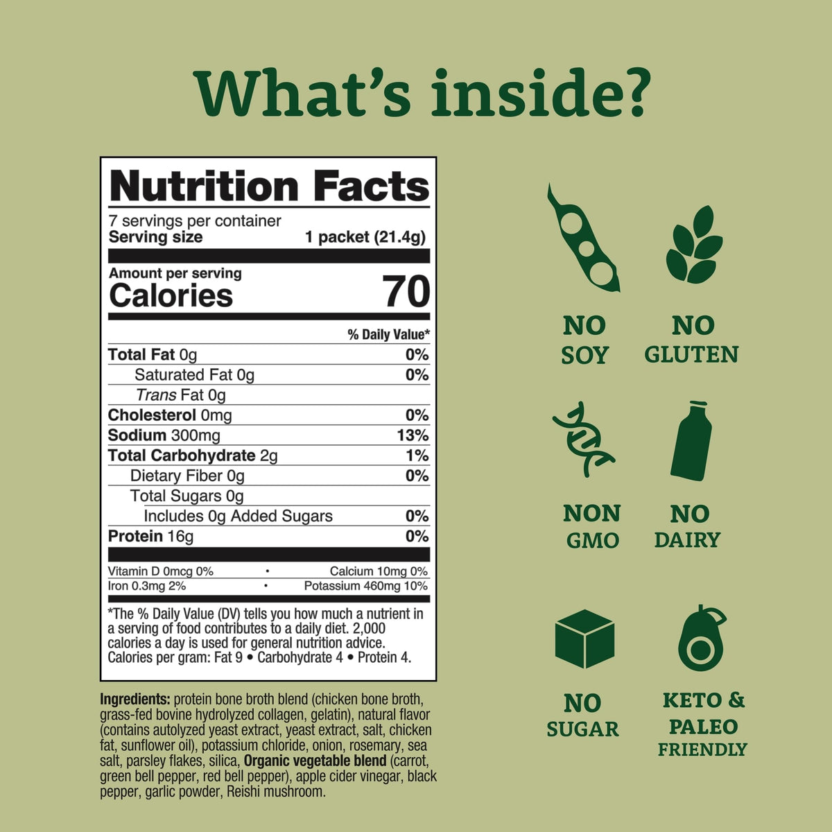 Dr. Kellyann bone broth packets ingredients panel highlighting clean, keto-friendly formulation