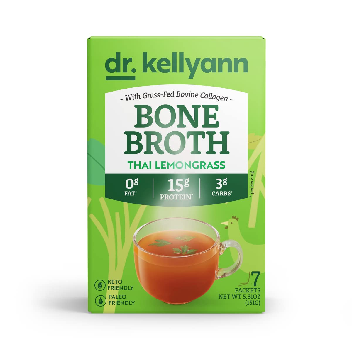 Pouring Dr. Kellyann Thai Lemongrass broth from a packet into hot water for flavor