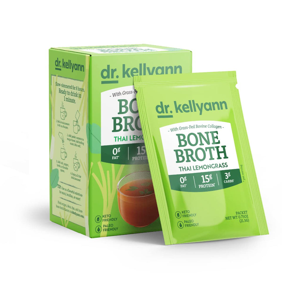 Dr. Kellyann Thai Lemongrass Bone Broth packets front package for quick protein boost