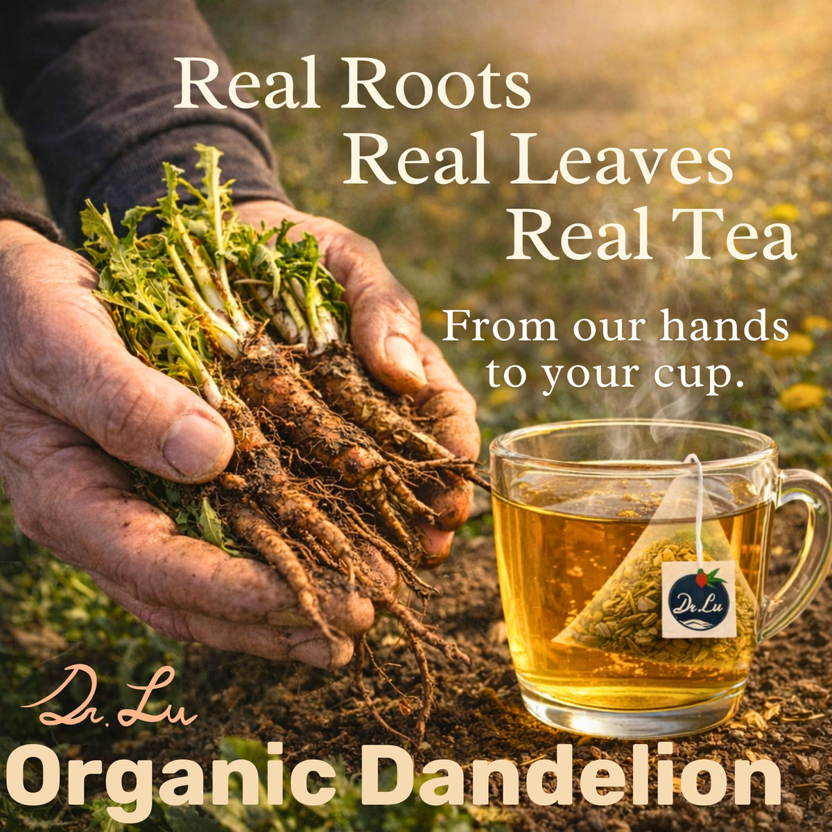 Dr. Lu corn fiber pyramid bags, plastic-free packaging for a cleaner brew.