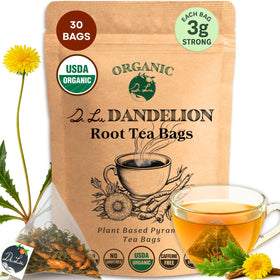 Dr. Lu dandelion root tea box, highlighting natural detox ritual and organic sourcing.