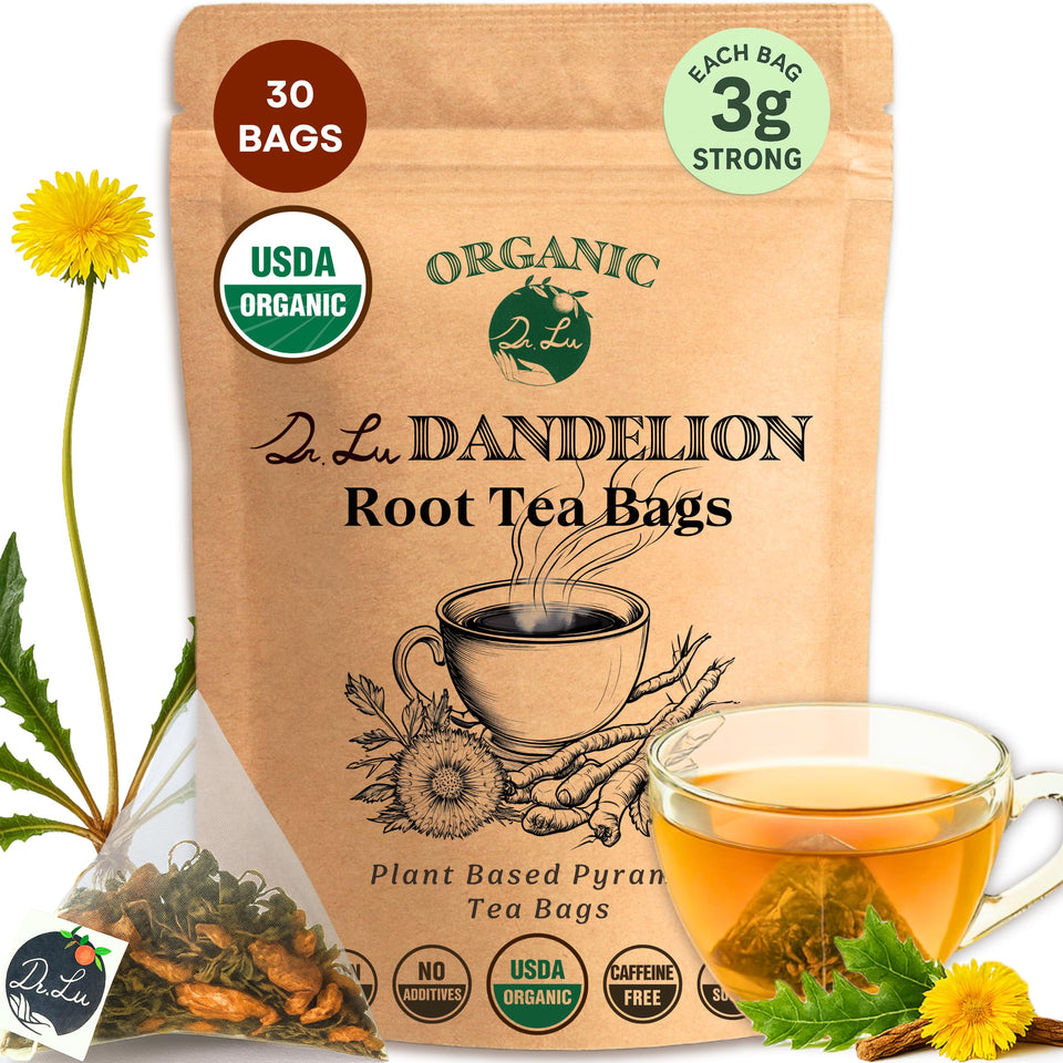 Dr. Lu dandelion root tea box, highlighting natural detox ritual and organic sourcing.