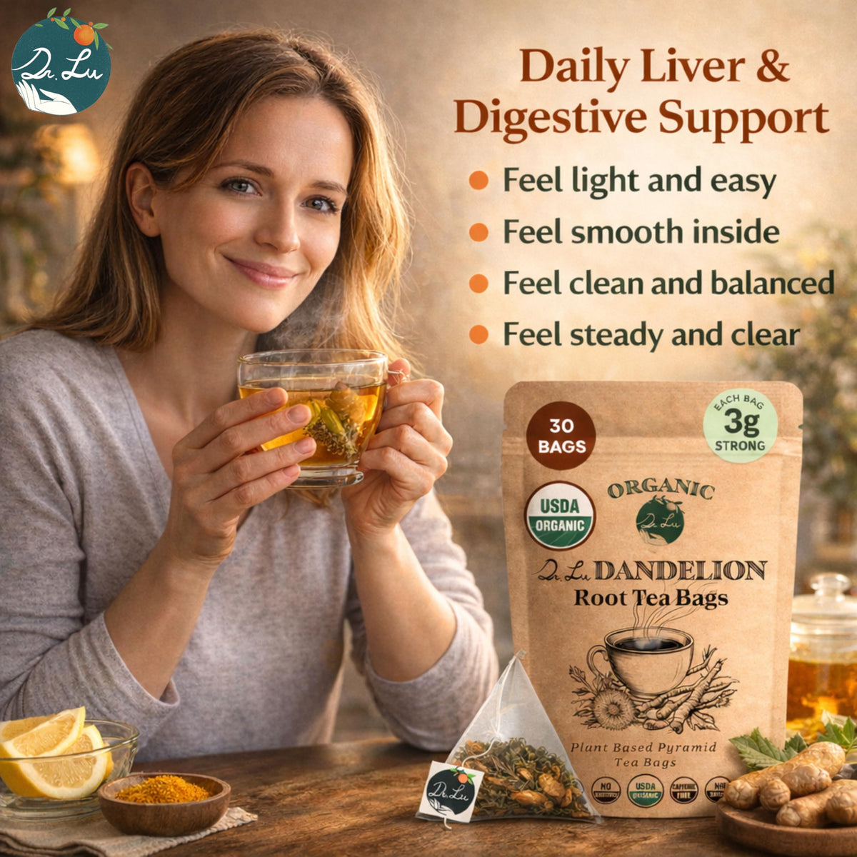 Dr. Lu detox tea in use for a soothing daily ritual.
