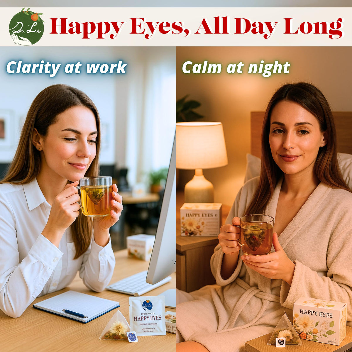 Dr. Lu’s eye-liver tea on display suggests a holistic wellness ritual.