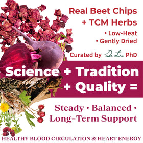 Close-up of beetroot and hawthorn herbs used in Dr. Lu tea