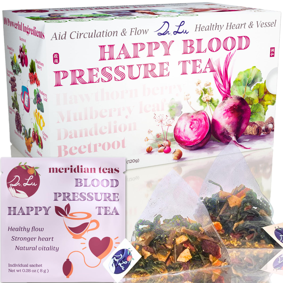 Dr. Lu Happy Blood Pressure Tea box packaging highlighting herbal blend