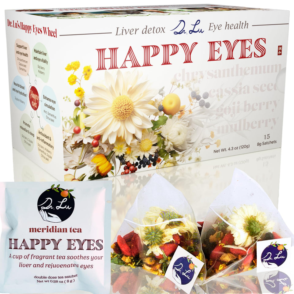 Dr. Lu’s Happy Eyes Tea packaging shows premium pyramid bags for convenient eye health support.