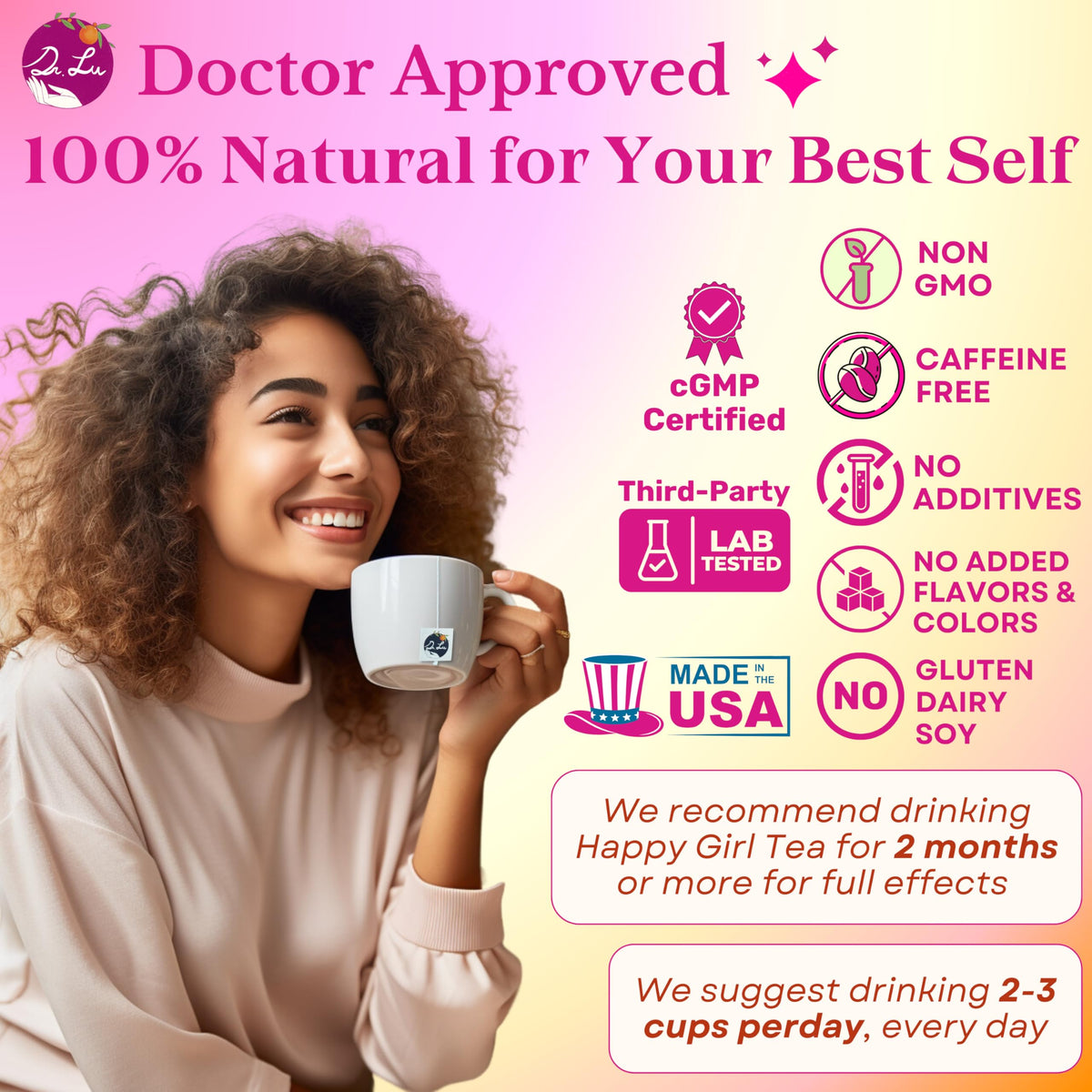 Dr. Lu Happy Girl Tea featuring goji berries in a vibrant blend.