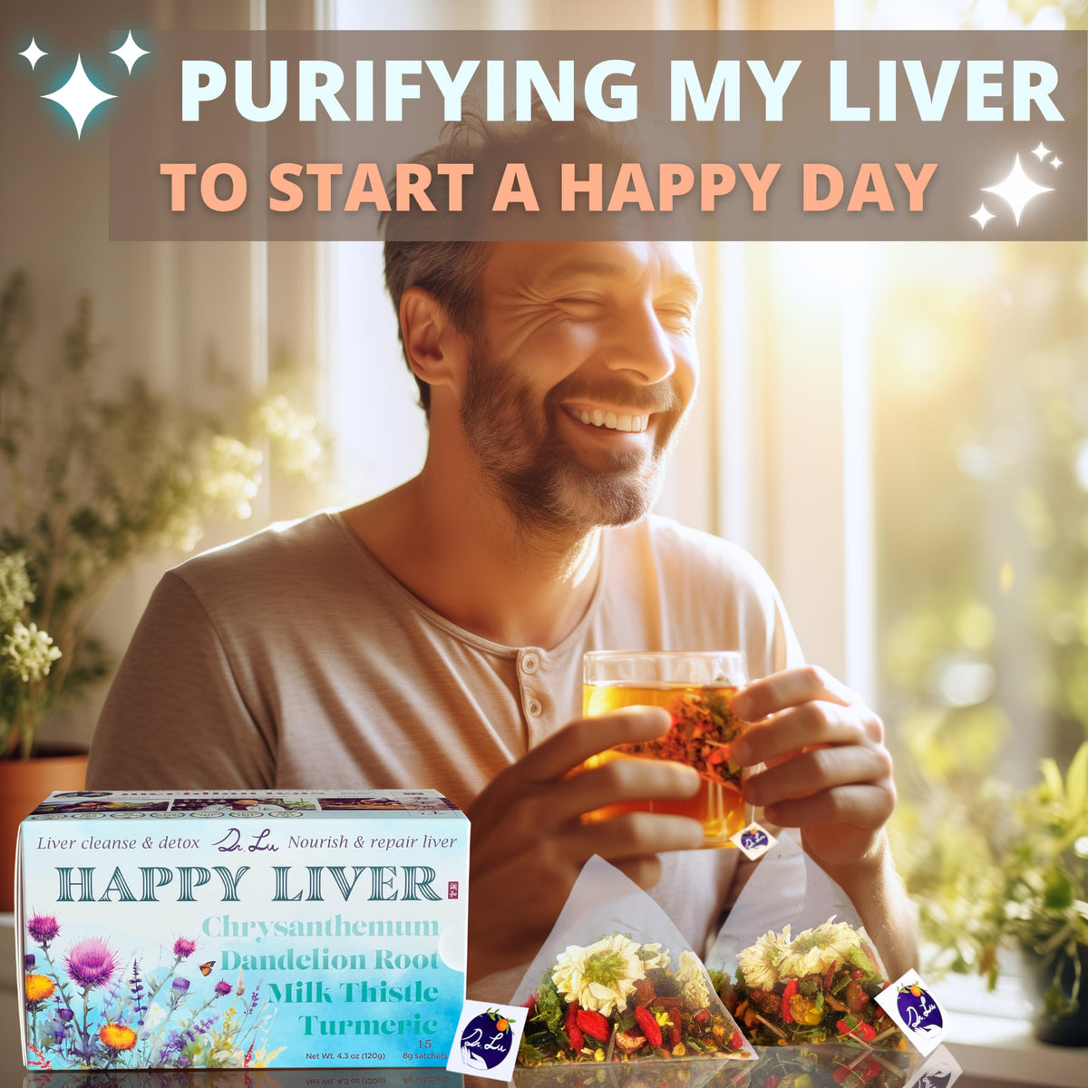 Dr. Lu's Happy Liver Tea kitchen scene suggests wholesome herbal support