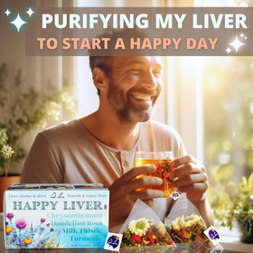 Dr. Lu's Happy Liver Tea kitchen scene suggests wholesome herbal support