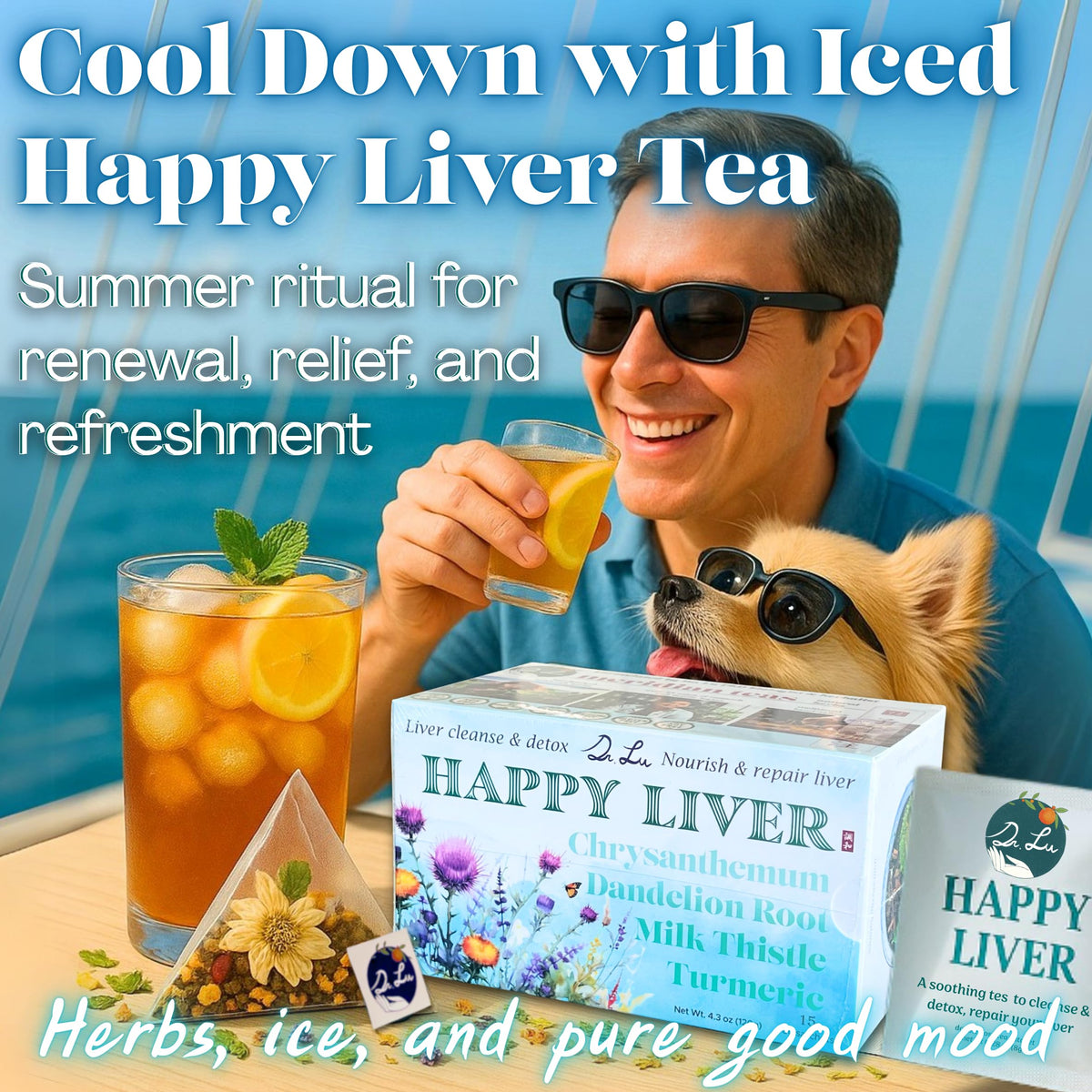 Dr. Lu's Happy Liver Tea label closeup communicates USA-made natural quality