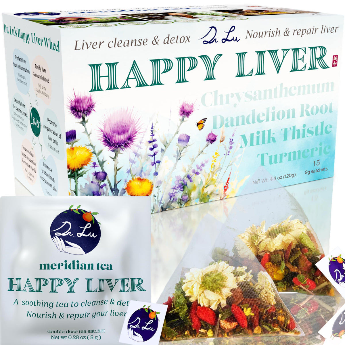 Dr. Lu's Happy Liver Tea packaging shows a natural herbal blend for daily support