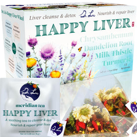 Dr. Lu's Happy Liver Tea packaging shows a natural herbal blend for daily support