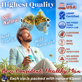 Dr. Lu's Happy Tea for Guy 11-herb blend image suggesting daily vitality support.