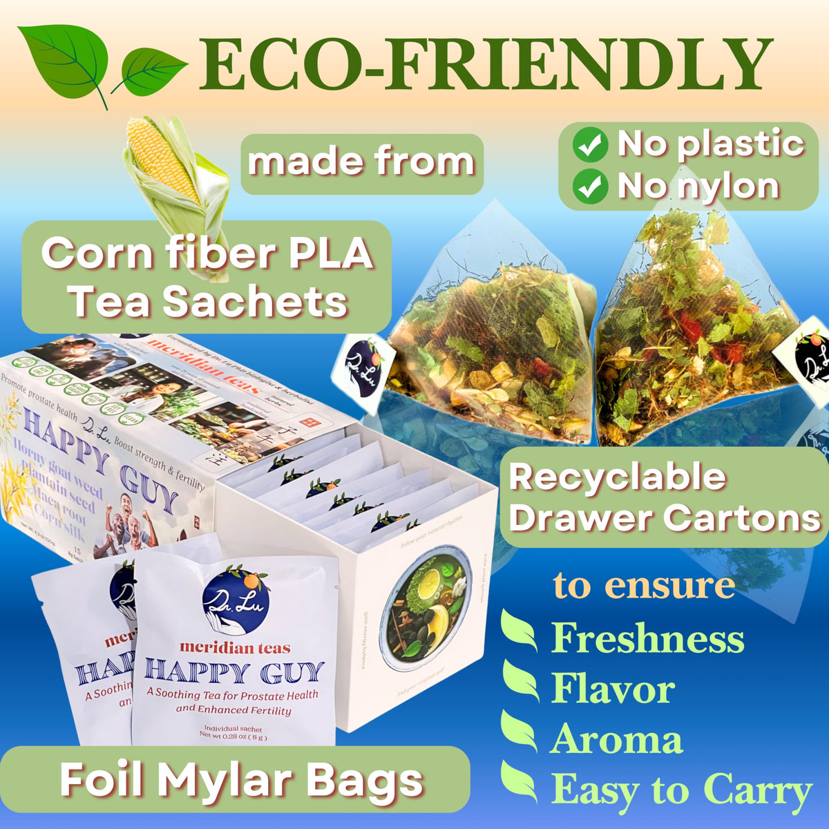 Dr. Lu's Happy Tea for Guy corn fiber tea bags packaging, eco-friendly.