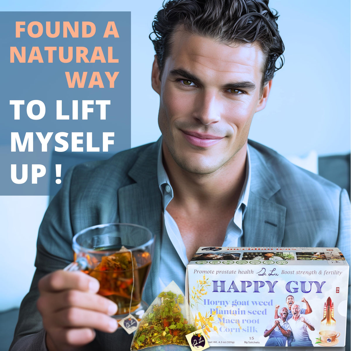 Dr. Lu's Happy Tea for Guy daily vitality ritual visual invite.