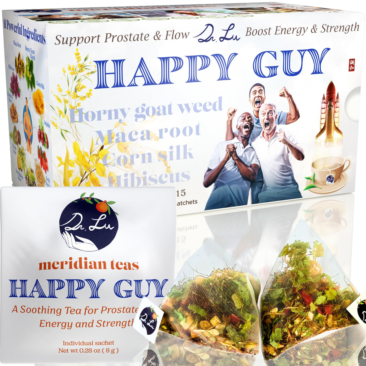 Dr. Lu's Happy Tea for Guy tea bag close-up showcasing herbal blend for steady energy.