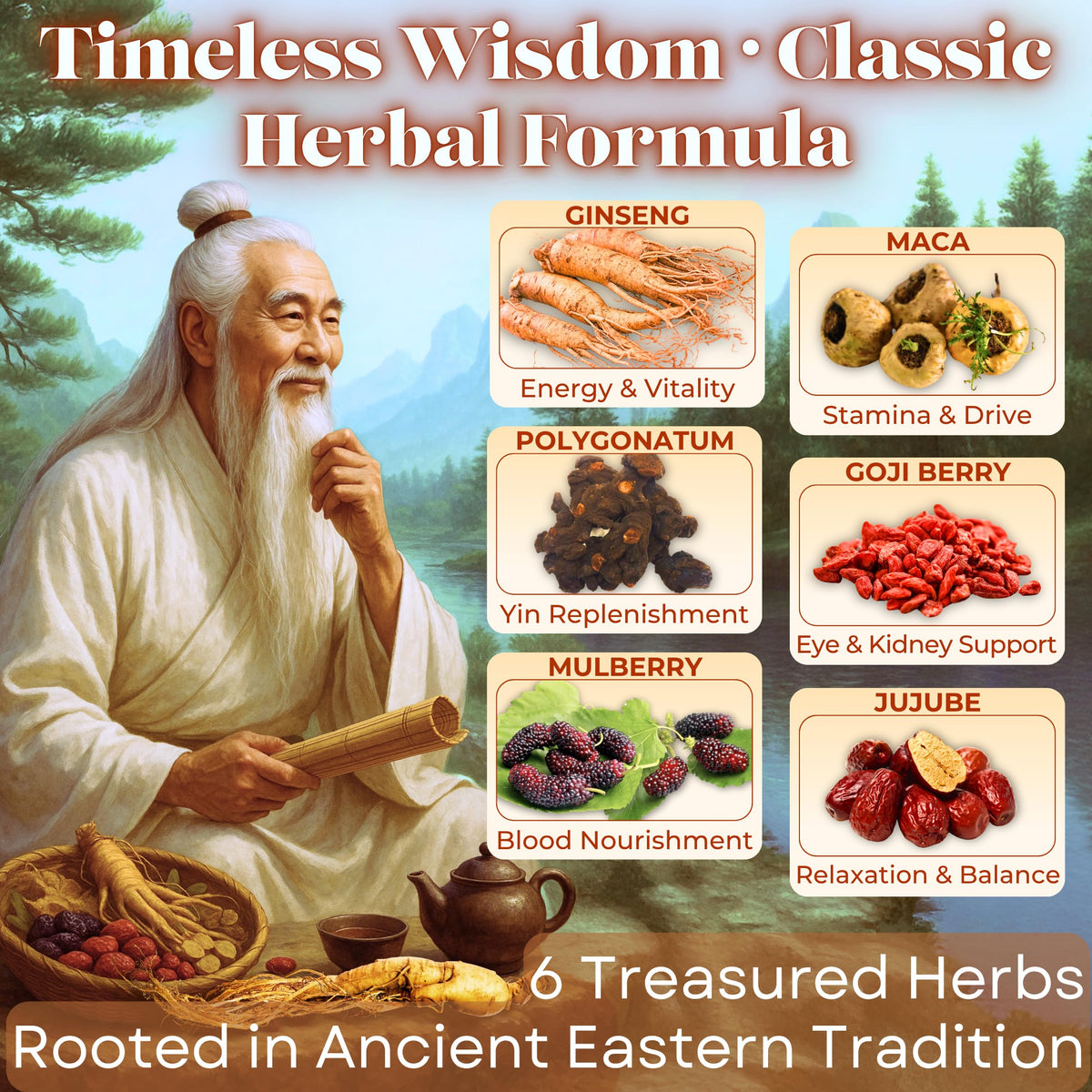 Dr. Lu kidney detox tea leaves close-up with maca and ginseng.