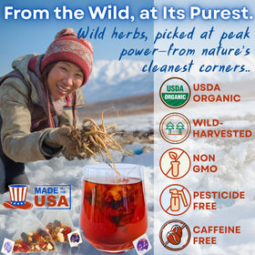 Dr. Lu maca root infusion boosts daily energy in a soothing cup.