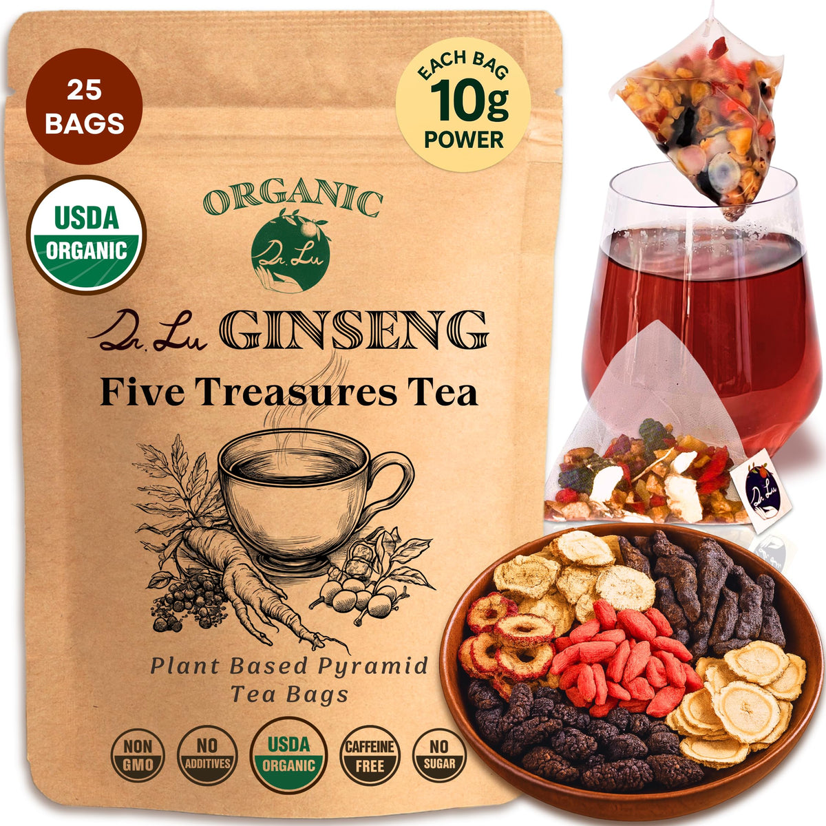 Dr. Lu Organic Ginseng Five Treasures Tea pyramid bag for a caffeine-free detox ritual.