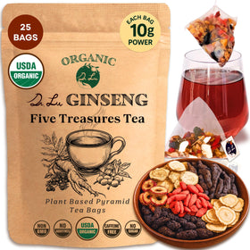 Dr. Lu Organic Ginseng Five Treasures Tea pyramid bag for a caffeine-free detox ritual.