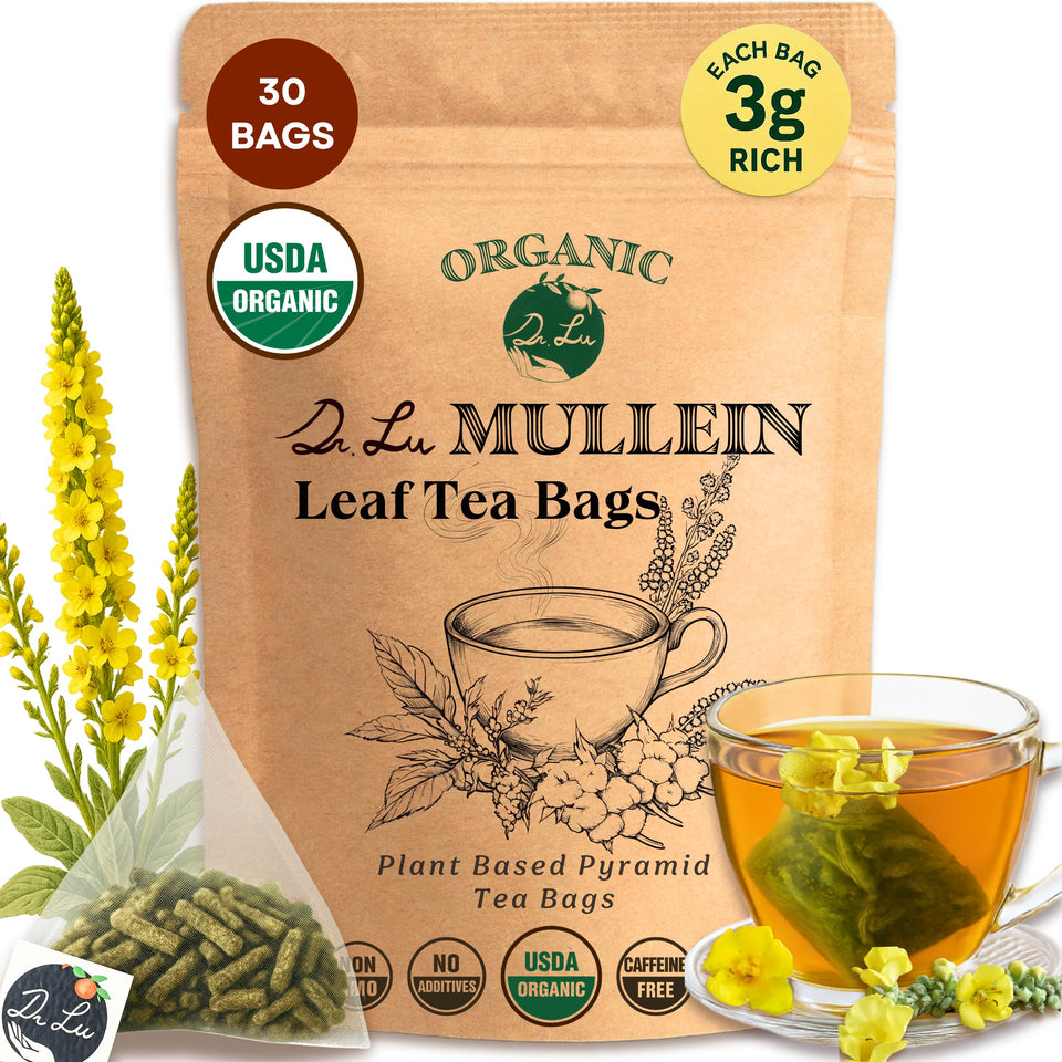 Dr. Lu organic mullein tea packaging highlights caffeine-free format