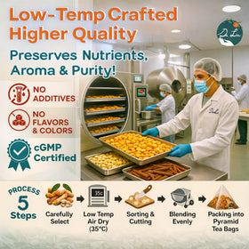 Dr. Lu tea blend features turmeric, ginger, cinnamon for a warming, comforting aroma.