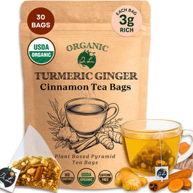 Dr. Lu Turmeric Ginger Cinnamon Tea packaging highlights eco-friendly, plastic-free packaging for fresh flavor.