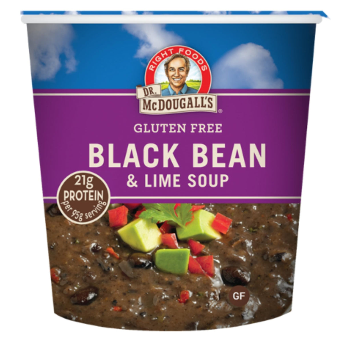 Dr. McDougall's Black Bean and Lime Soup cup—protein-packed, quick, plant-based lunchtime option.