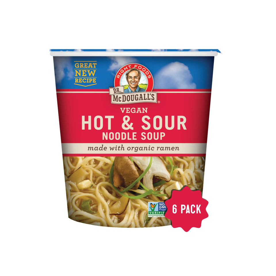 Dr. McDougall's hot sour vegan ramen cup with noodles in minutes for busy days.