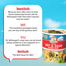Bold hot and sour aroma from Dr. McDougall's ramen enhances quick plant-based meals.