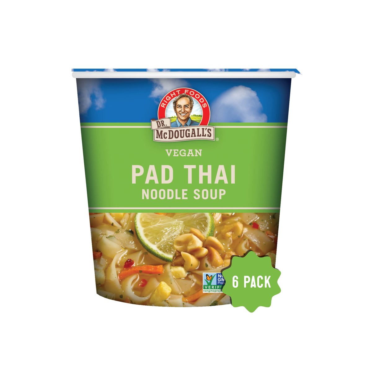 Dr. McDougall's Pad Thai Noodles cup front with vegan, gluten-free claim
