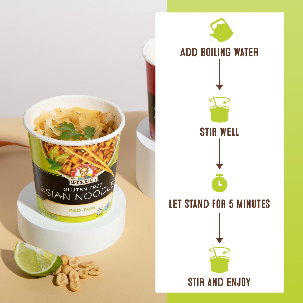 Dr McDougall's Pad Thai Noodles pack-six image demonstrates convenient meal options.