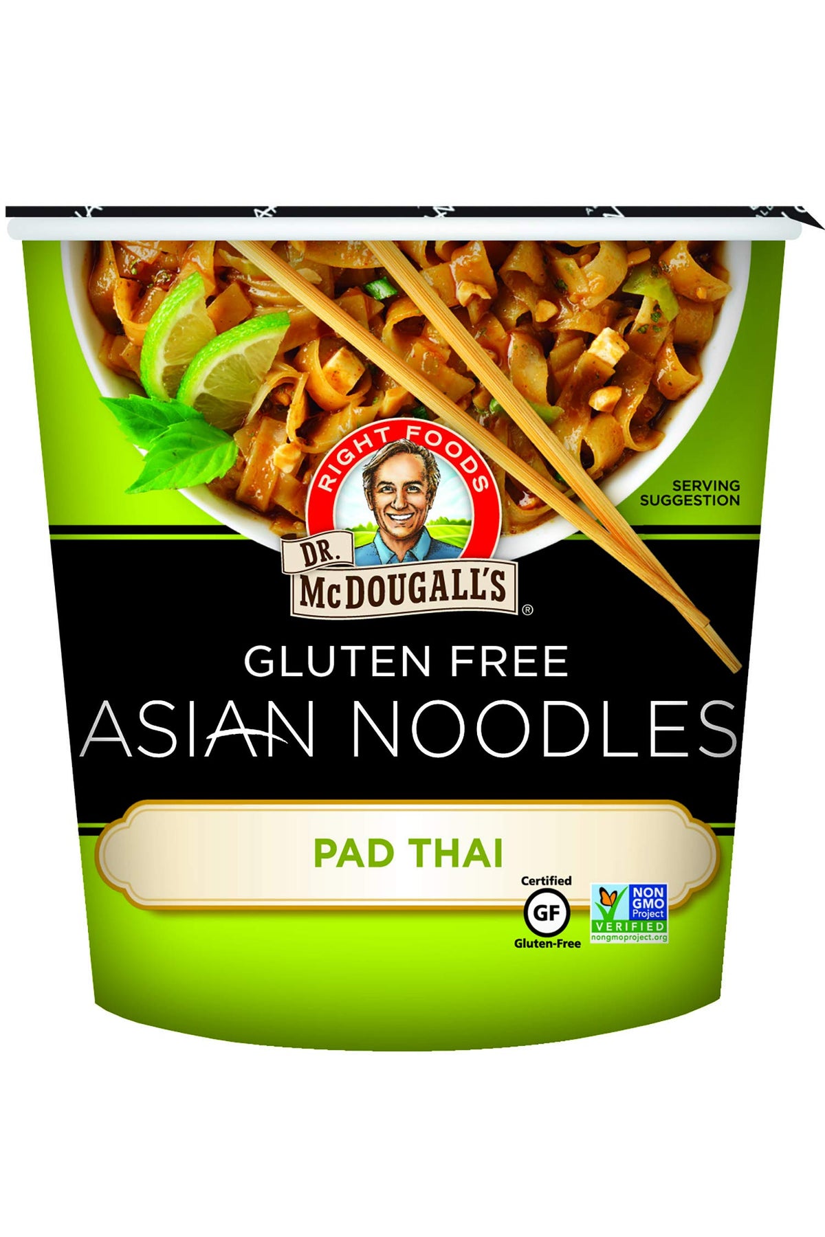 Dr McDougall's Pad Thai Noodles ready-to-serve bowl shows glossy sauce and noodles.
