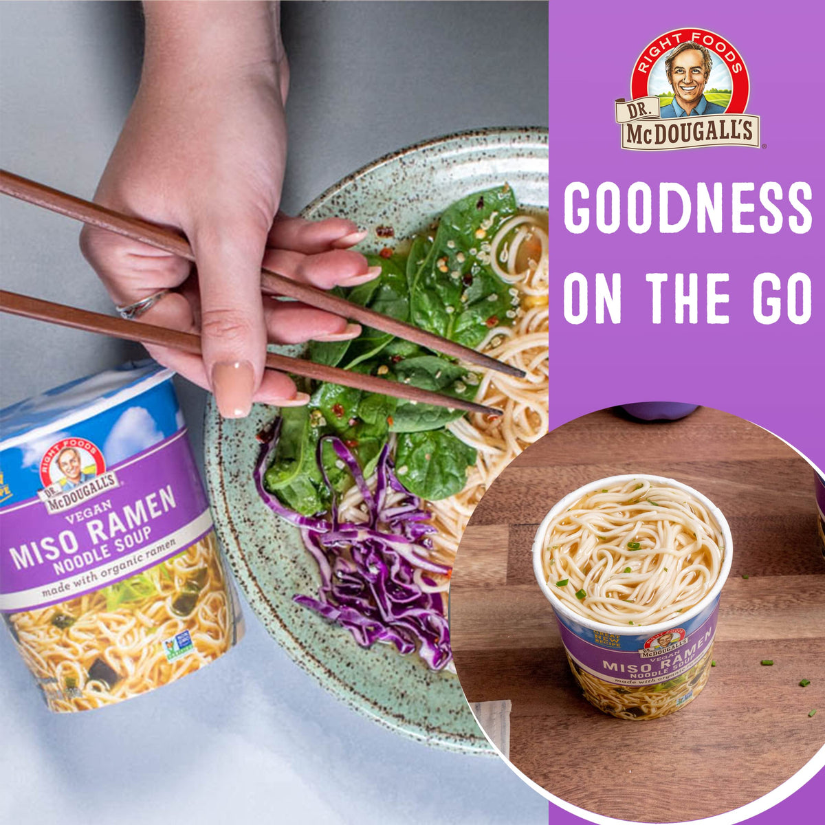Dr. McDougall's Right Foods gluten-free label on the cup, suitable for dietary needs.