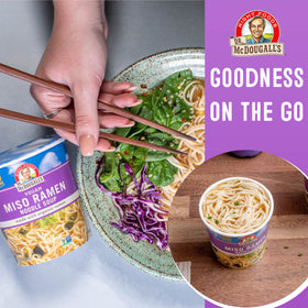 Dr. McDougall's Right Foods gluten-free label on the cup, suitable for dietary needs.