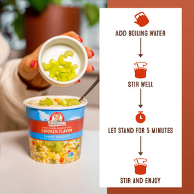 Just-add-water noodles in a Dr. McDougall's cup, simple preparation